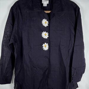 Vintage Esprit Dark Blue Embroidered Sunflower Button Up Top Sz M Cotton Linen
